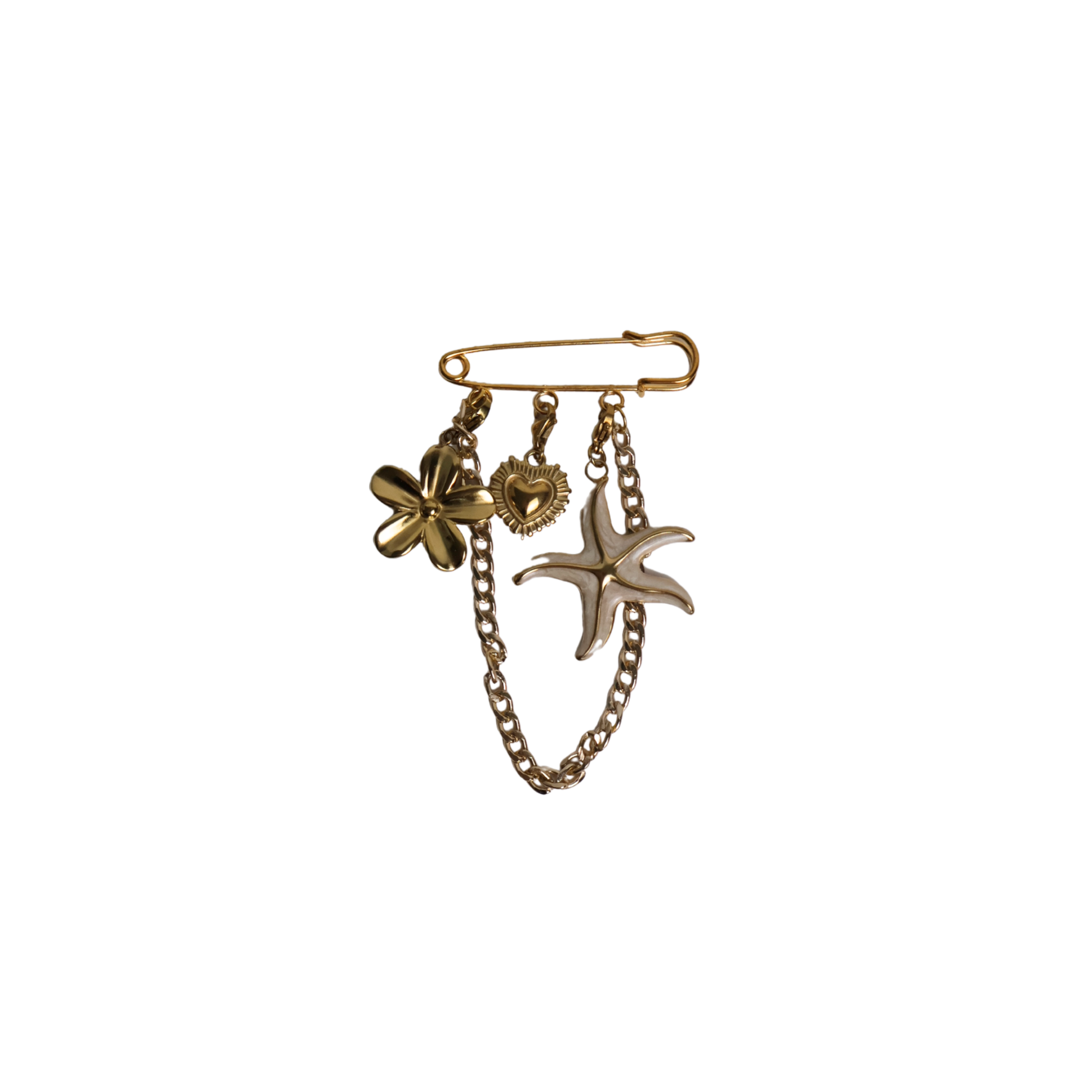 Goldene Sicherheitsnadel mit Blume, Herz, Seestern und Goldkette