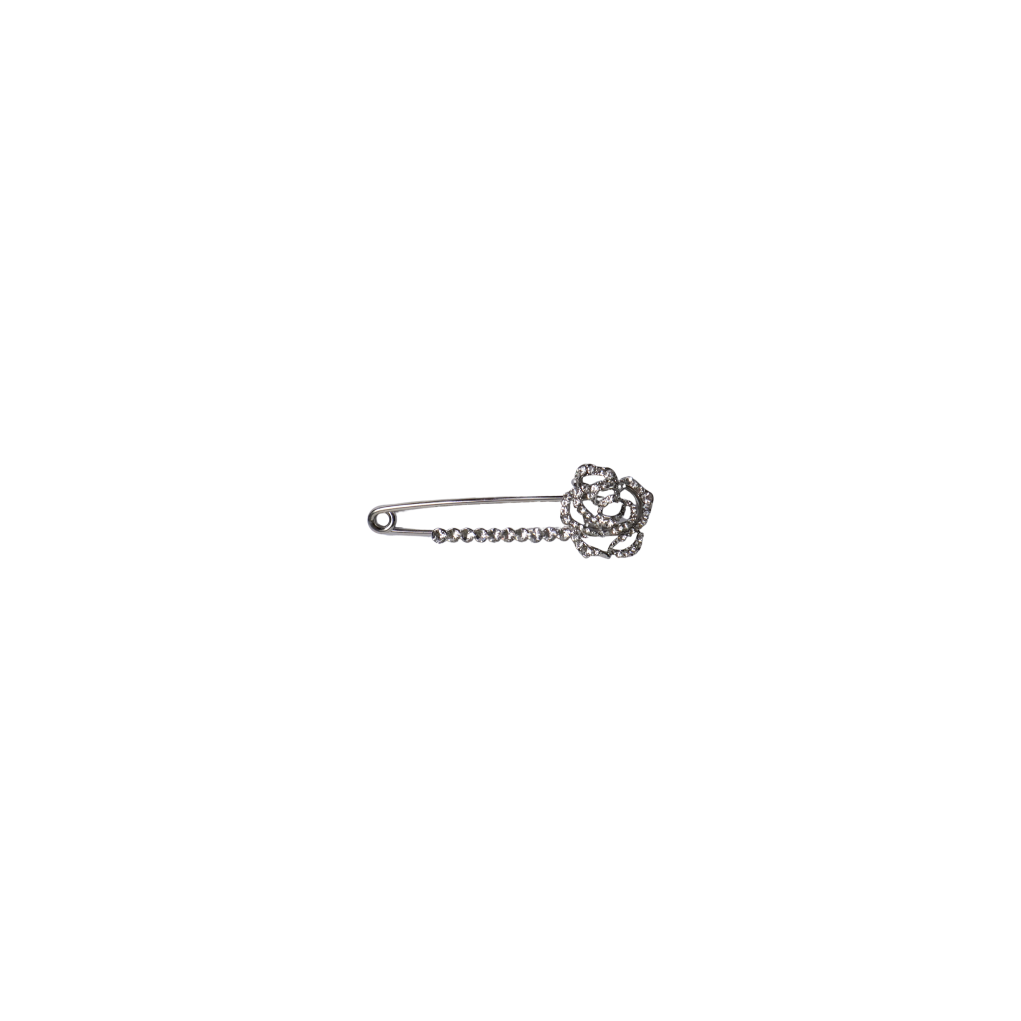 Silver safety pin with open flower and silver stones