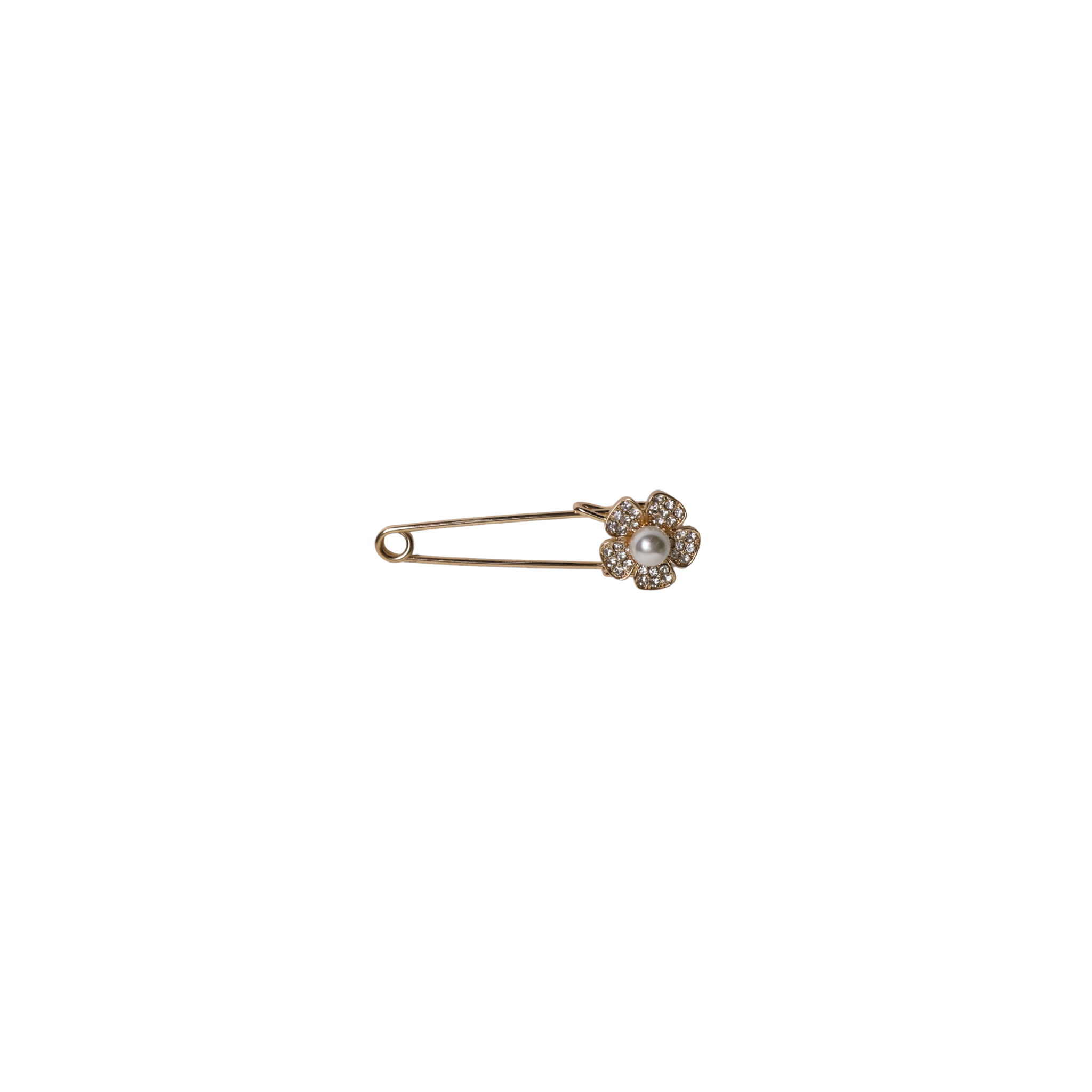 Gold safety pin with silver flower and pearl