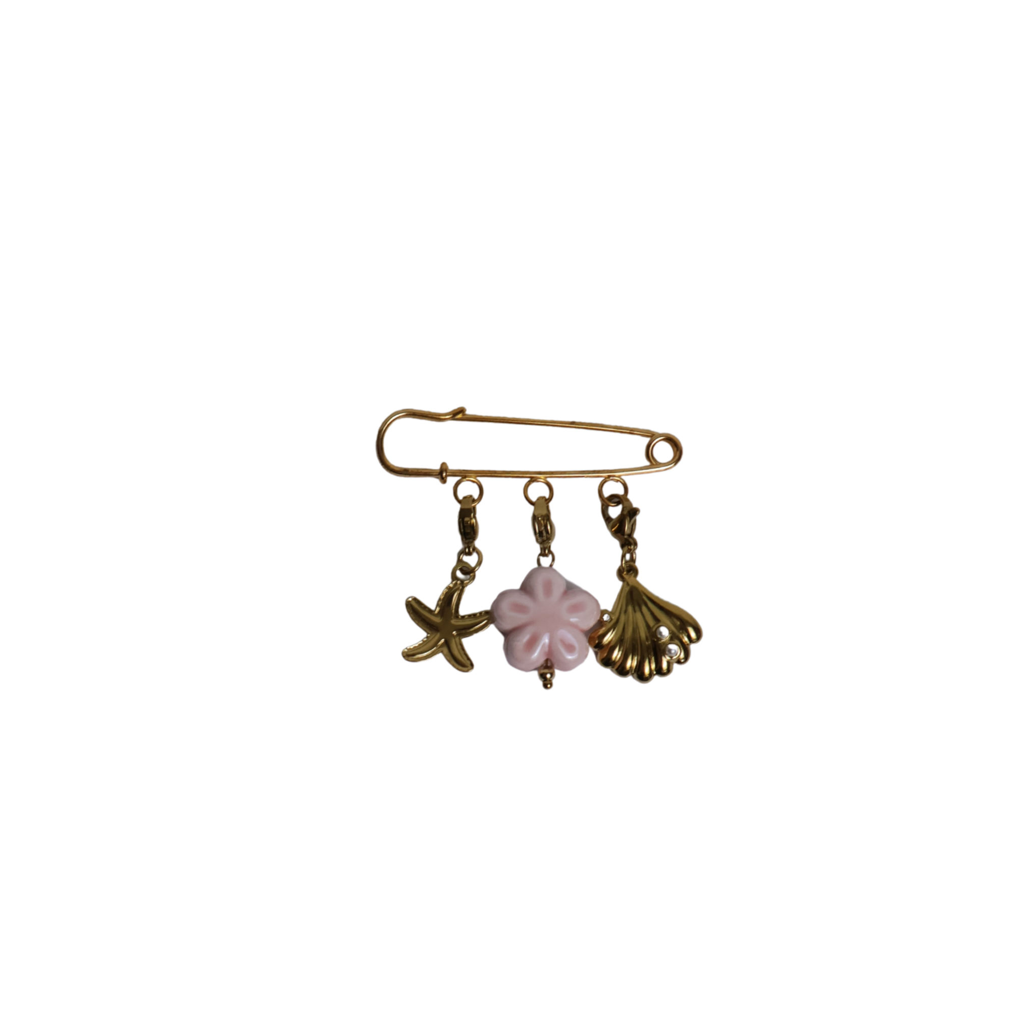 Gold safety pin with starfish, pink flower and shell