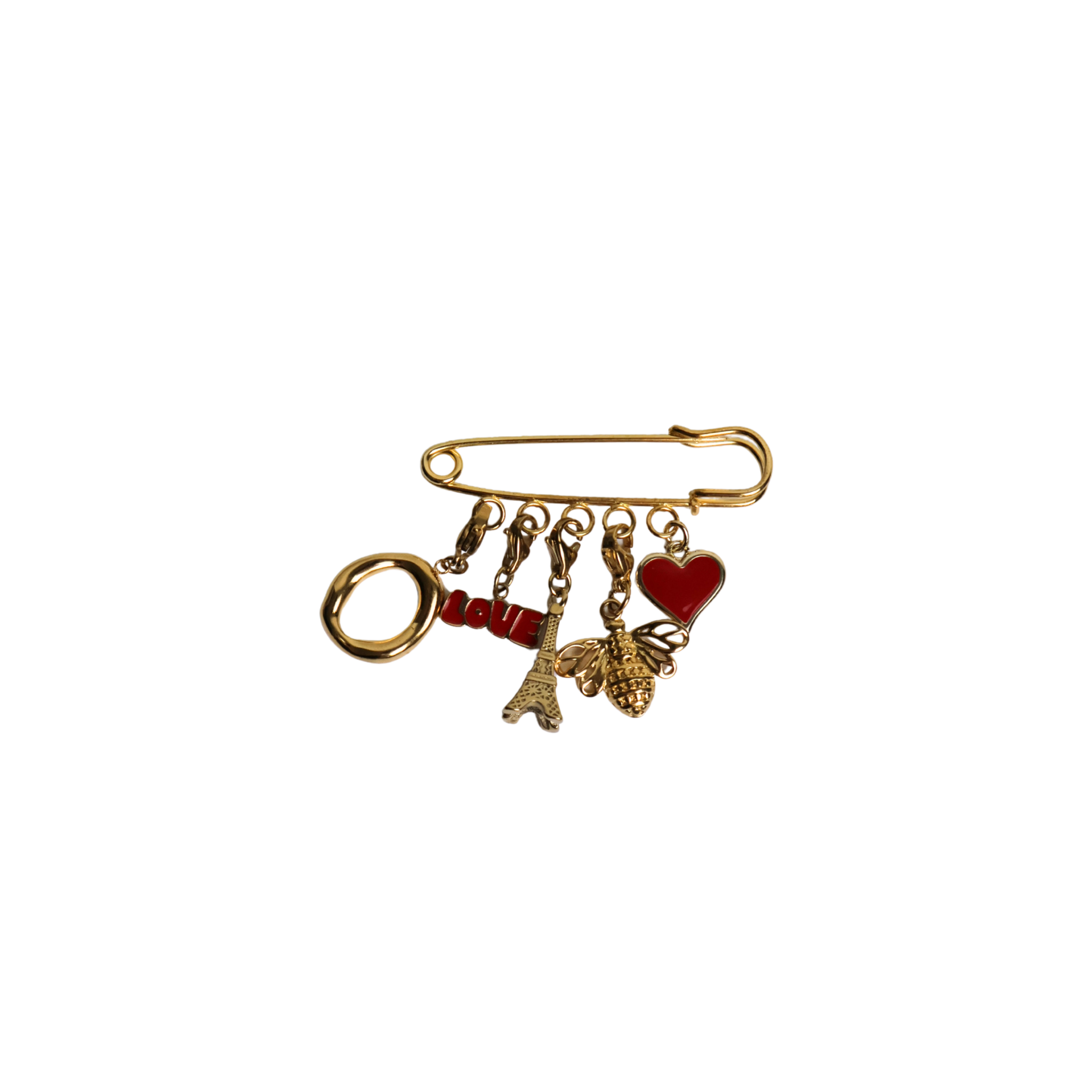 Gold safety pin with red pendants paris vibes