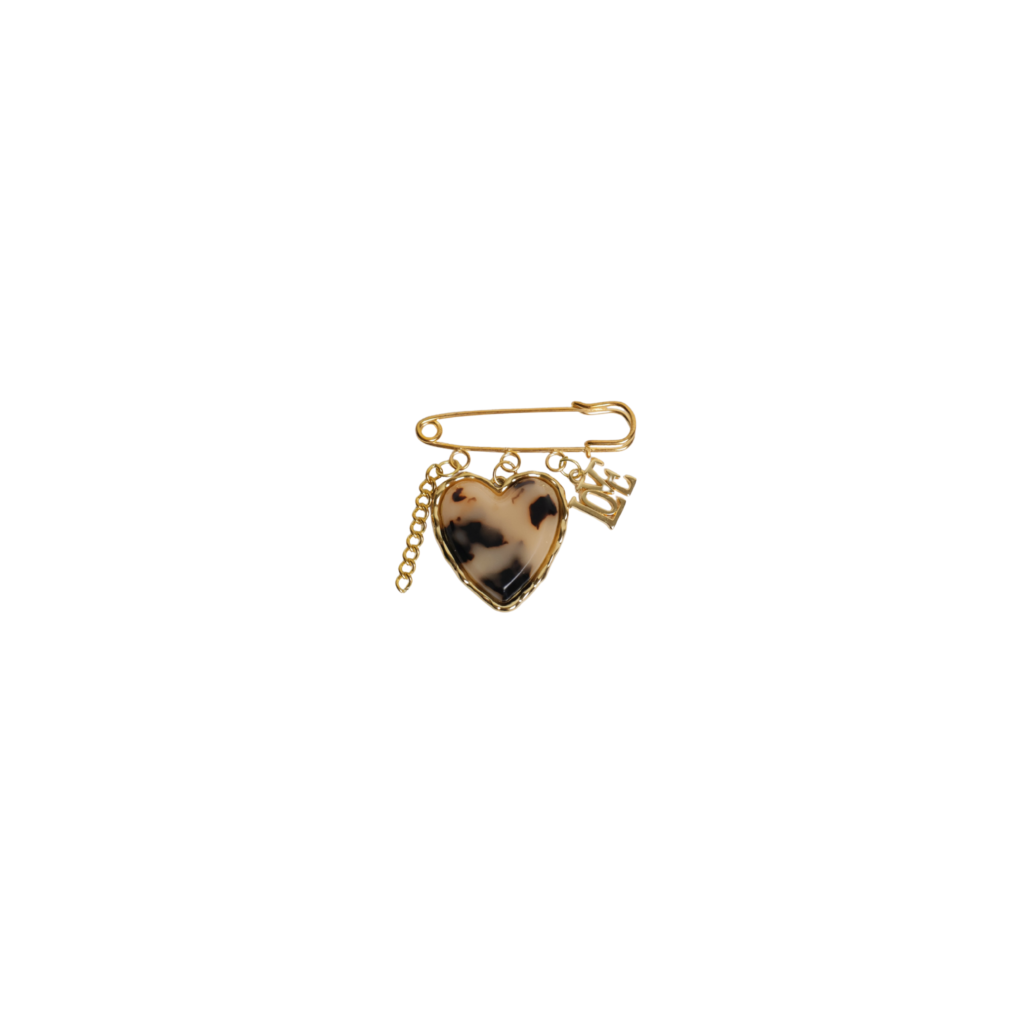 Gold safety pin with gold chain, panther heart and love letters