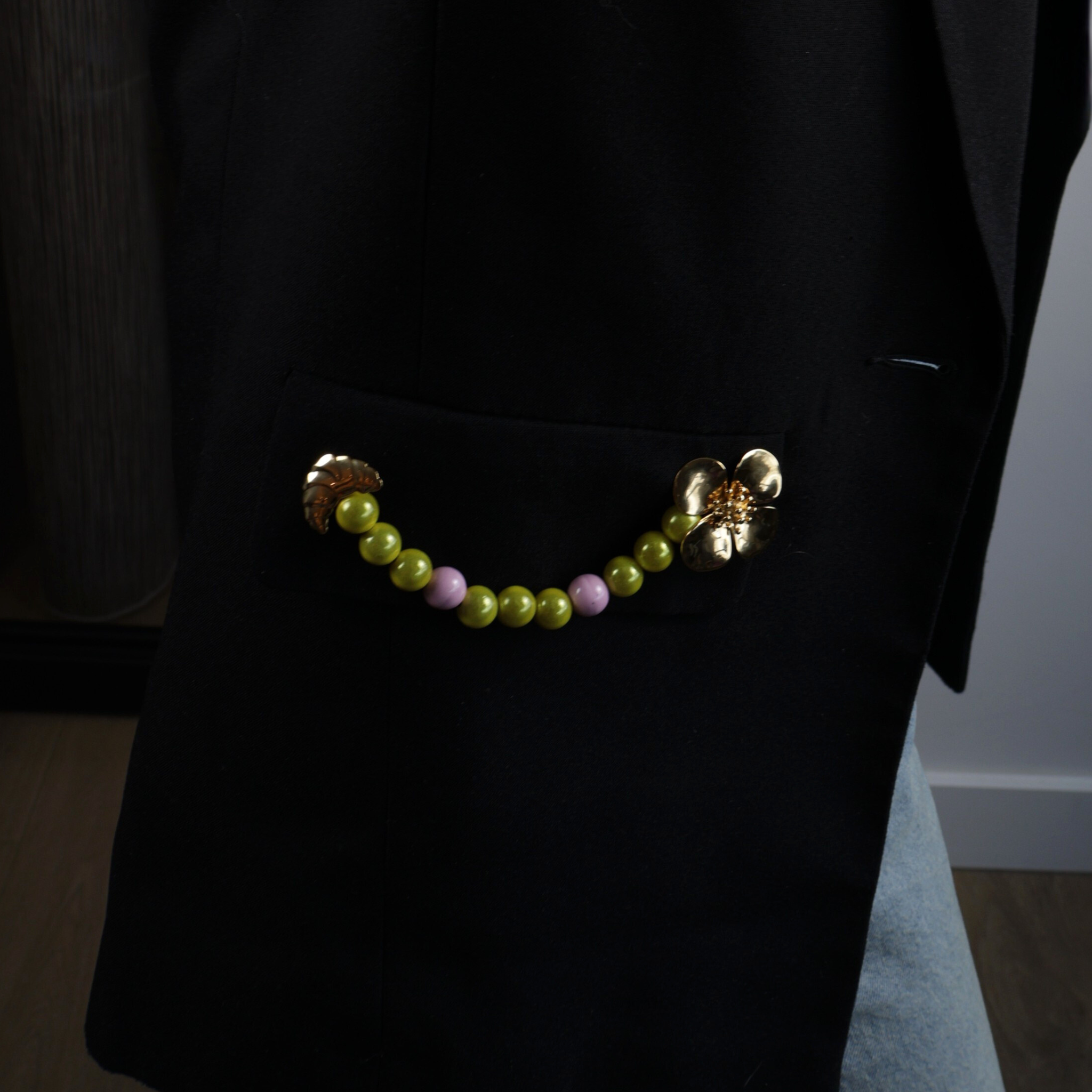 Pin gold croissant and flower with mixed green and purple beads