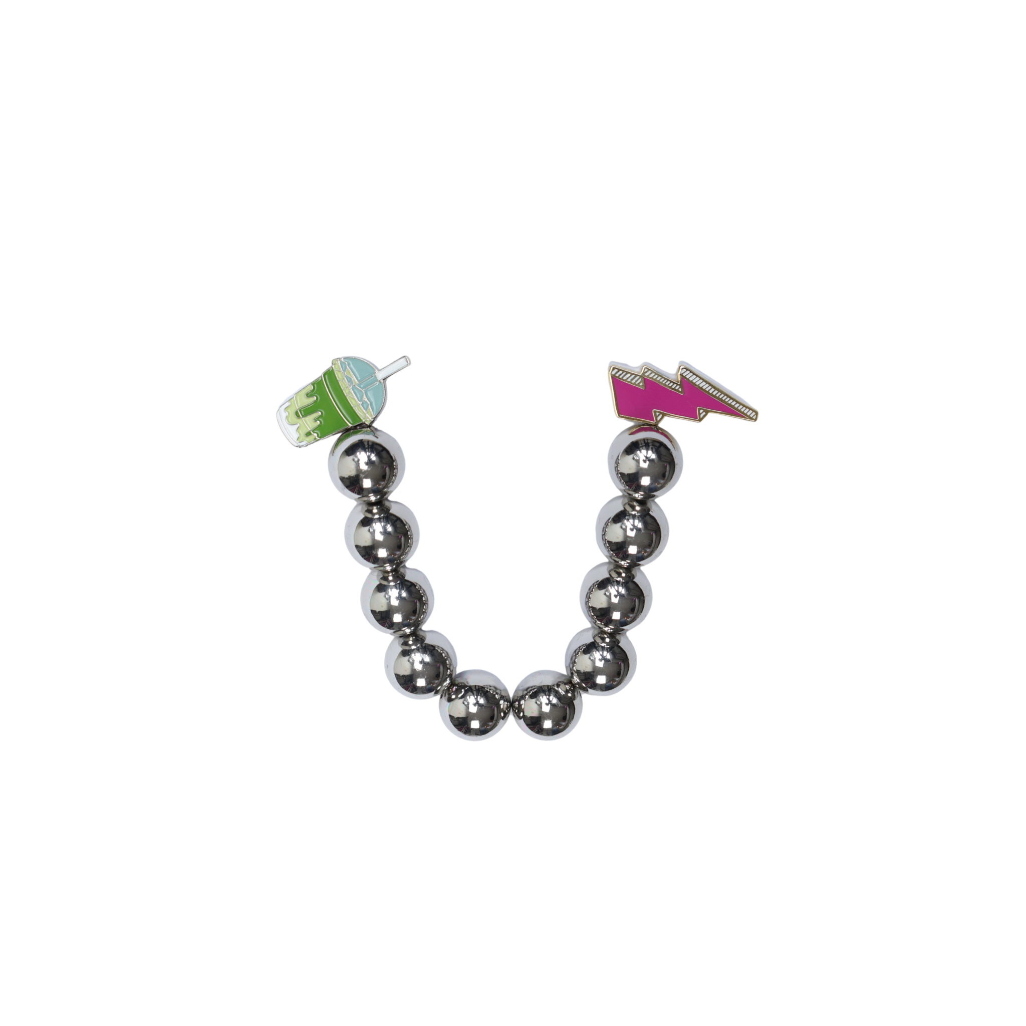 Pin iced matcha latte and pink lightning bolt with silver beads
