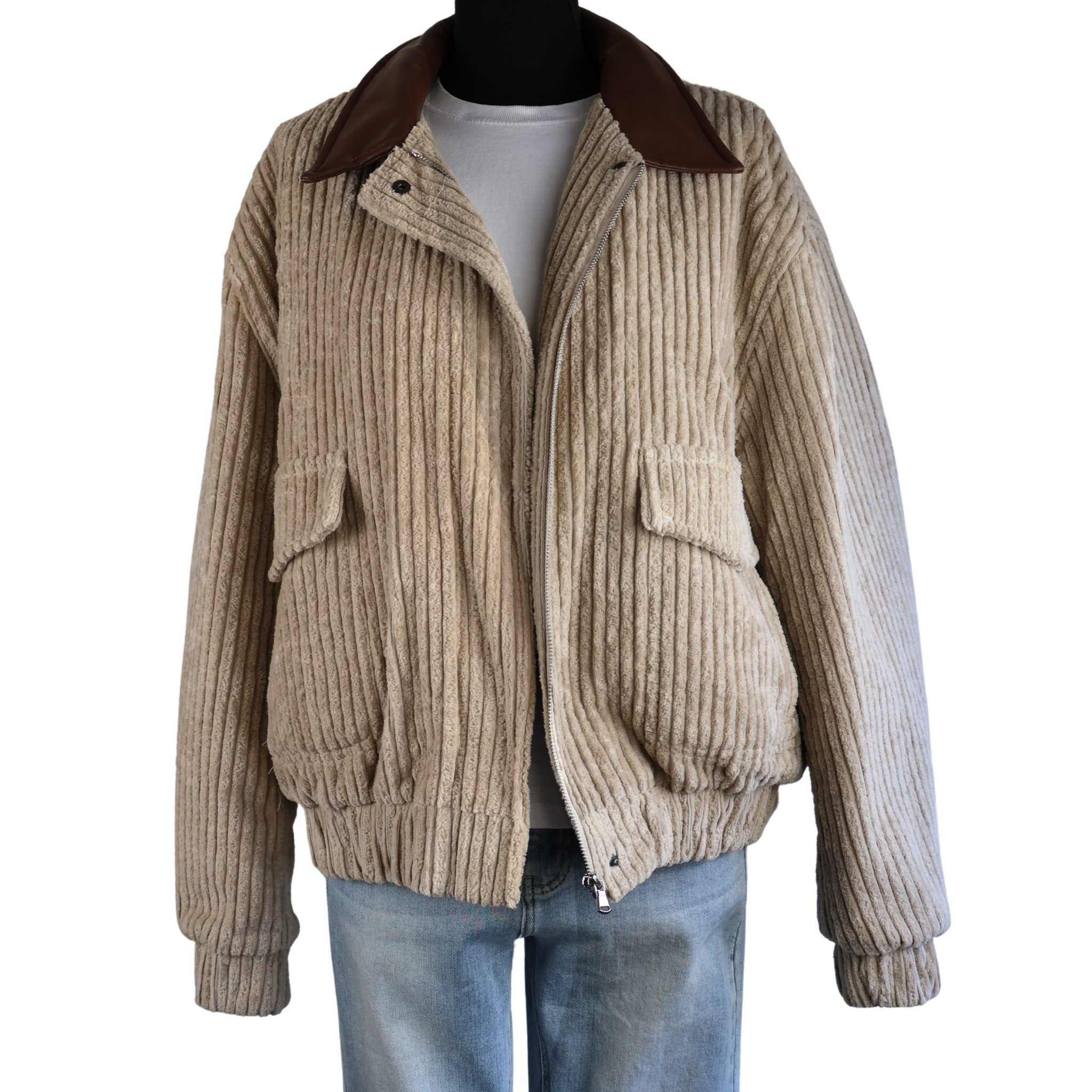 Beige oversized ribbed jacket with brown faux leather collar, zip and pockets