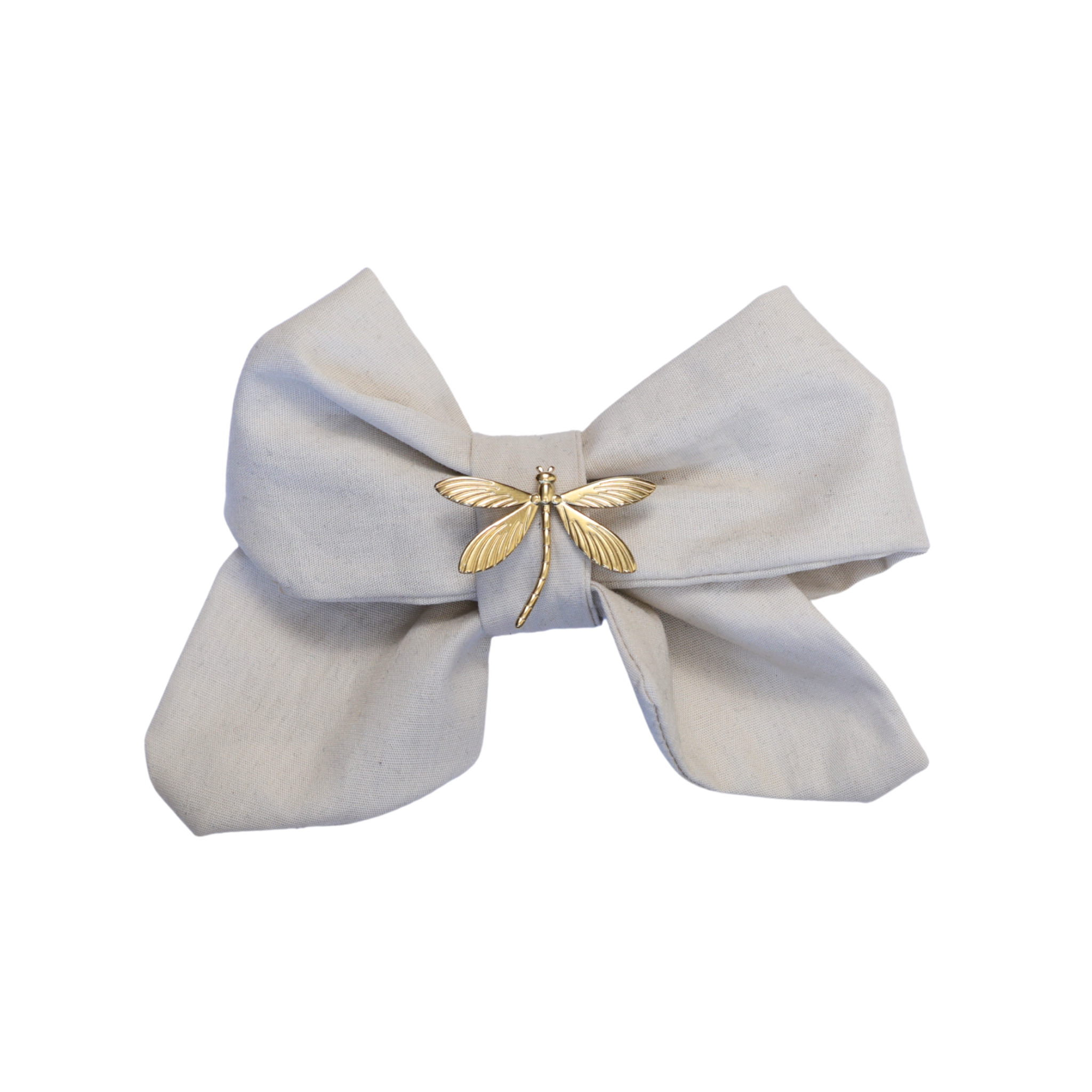 Beige bow fabric with safety pin with gold pin dragonfly
