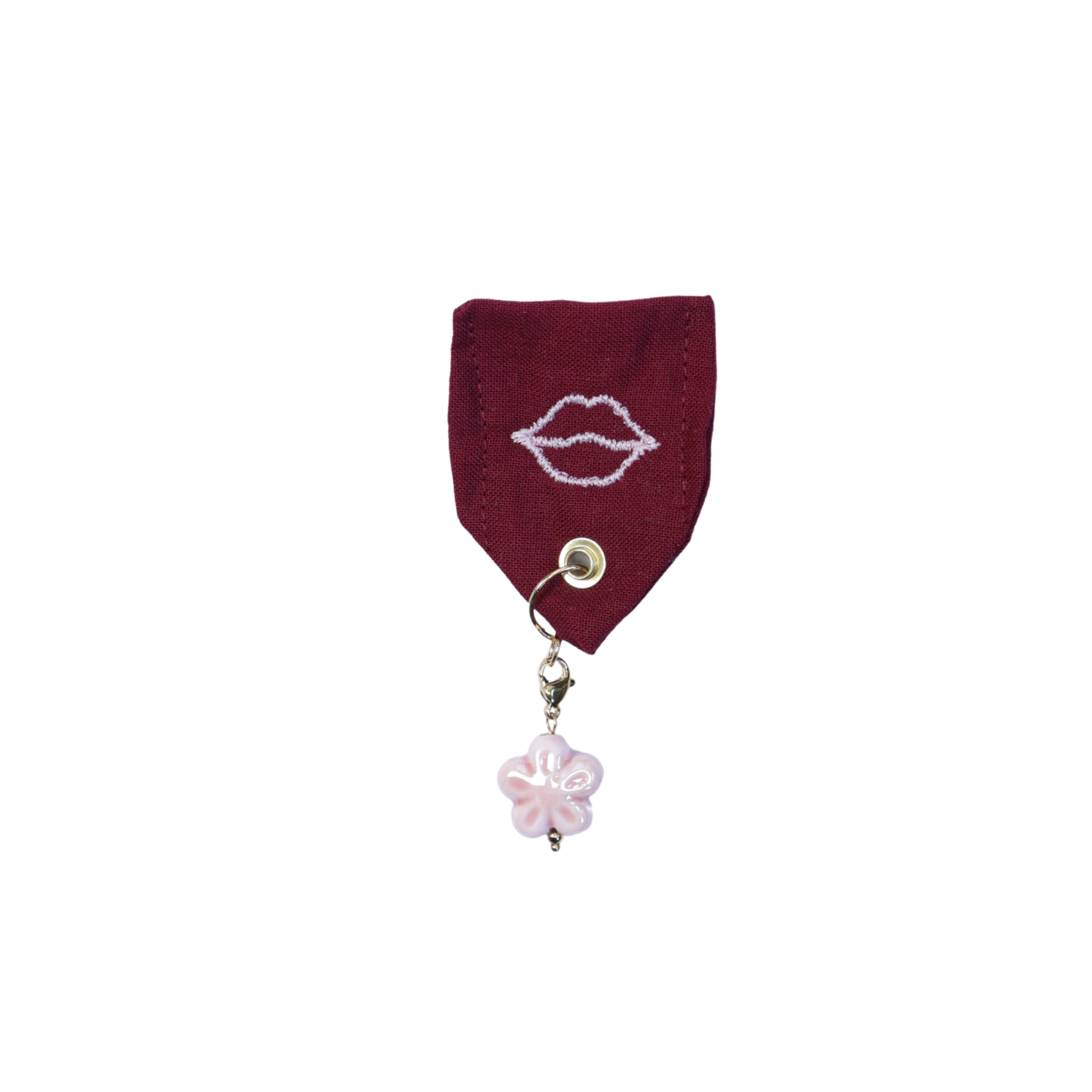 Burgundy ribbon with safety pin, embroidered lips and charm