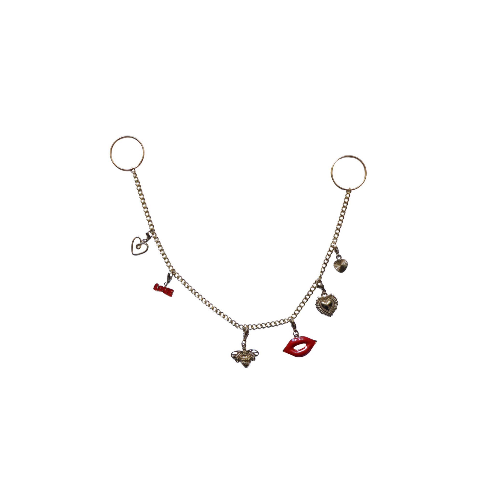 Gouden broekketting met gouden en rode bedeltjes