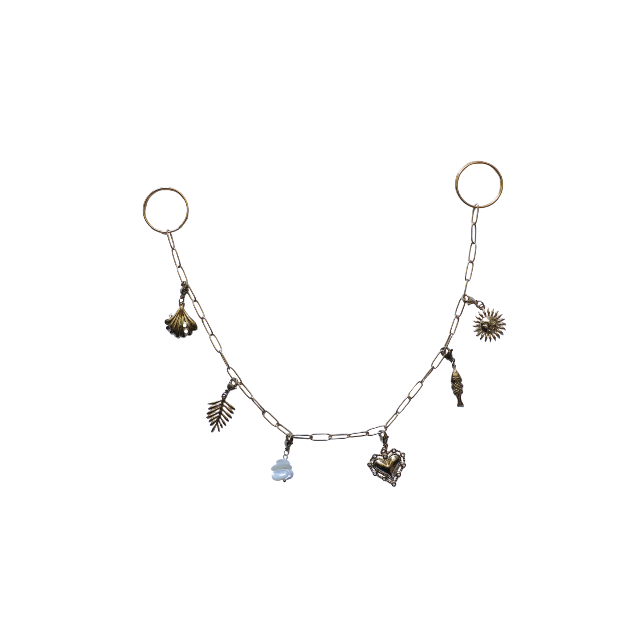 Gouden broekketting summer vibes met gouden en witte bedeltjes.